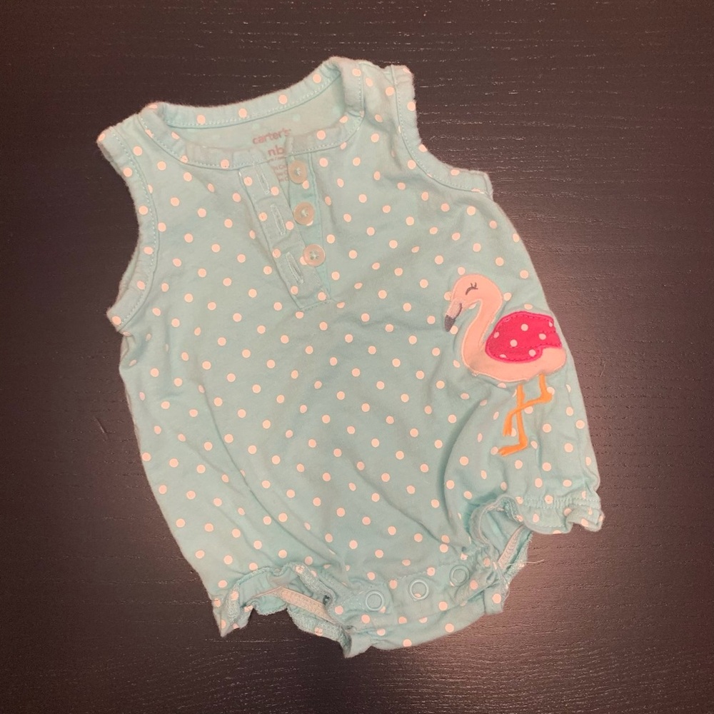 $3.00 💝 Carter's NB Aqua Polka Dot Flamingo Romper